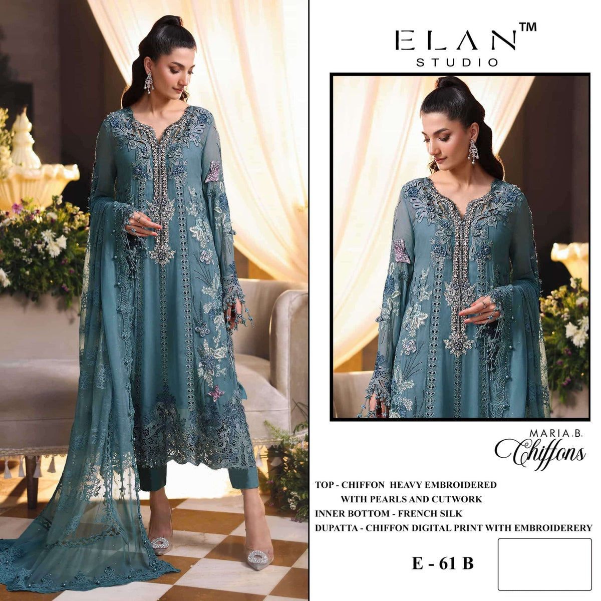 ELAN Lawn Studio E-61 Heavy Chiffon Embroidered Semi Stitched Pakistani Suit - Amrah Wholesale