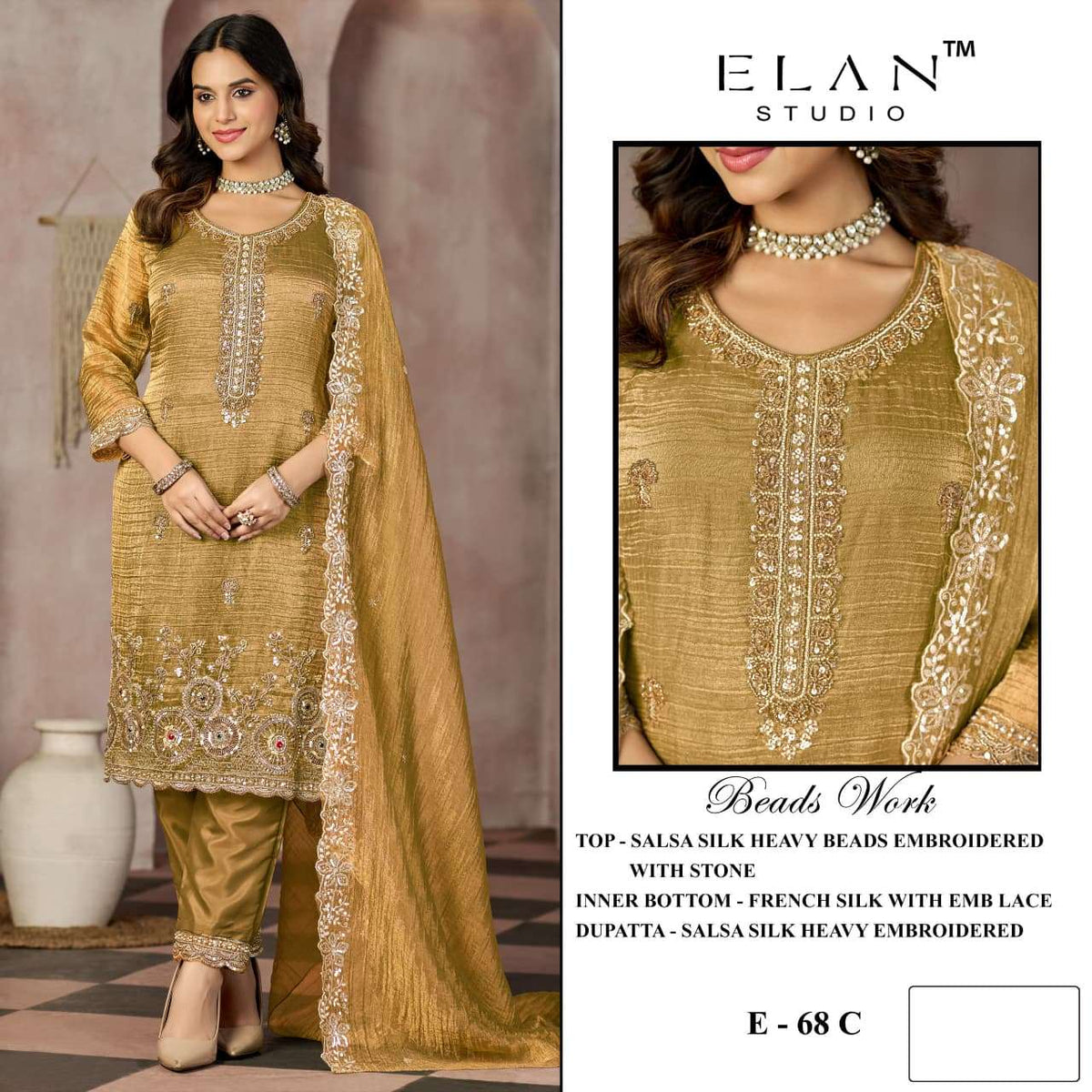 Elan Lawn Studio E-68 Salsa Silk Embroidered Dress Material