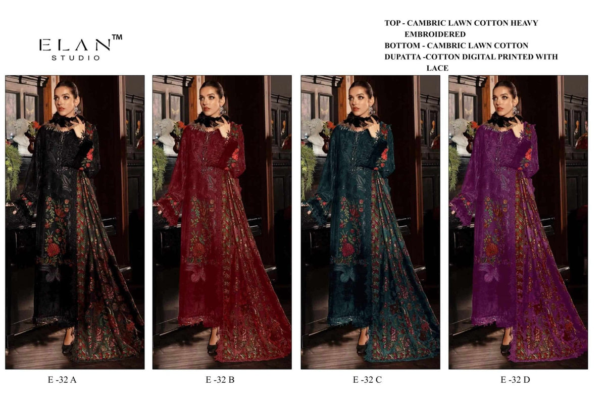 Elan Studio E - 32 Abcd Cambric Lawn Cotton Pakistani Suit - Amrah Wholesale
