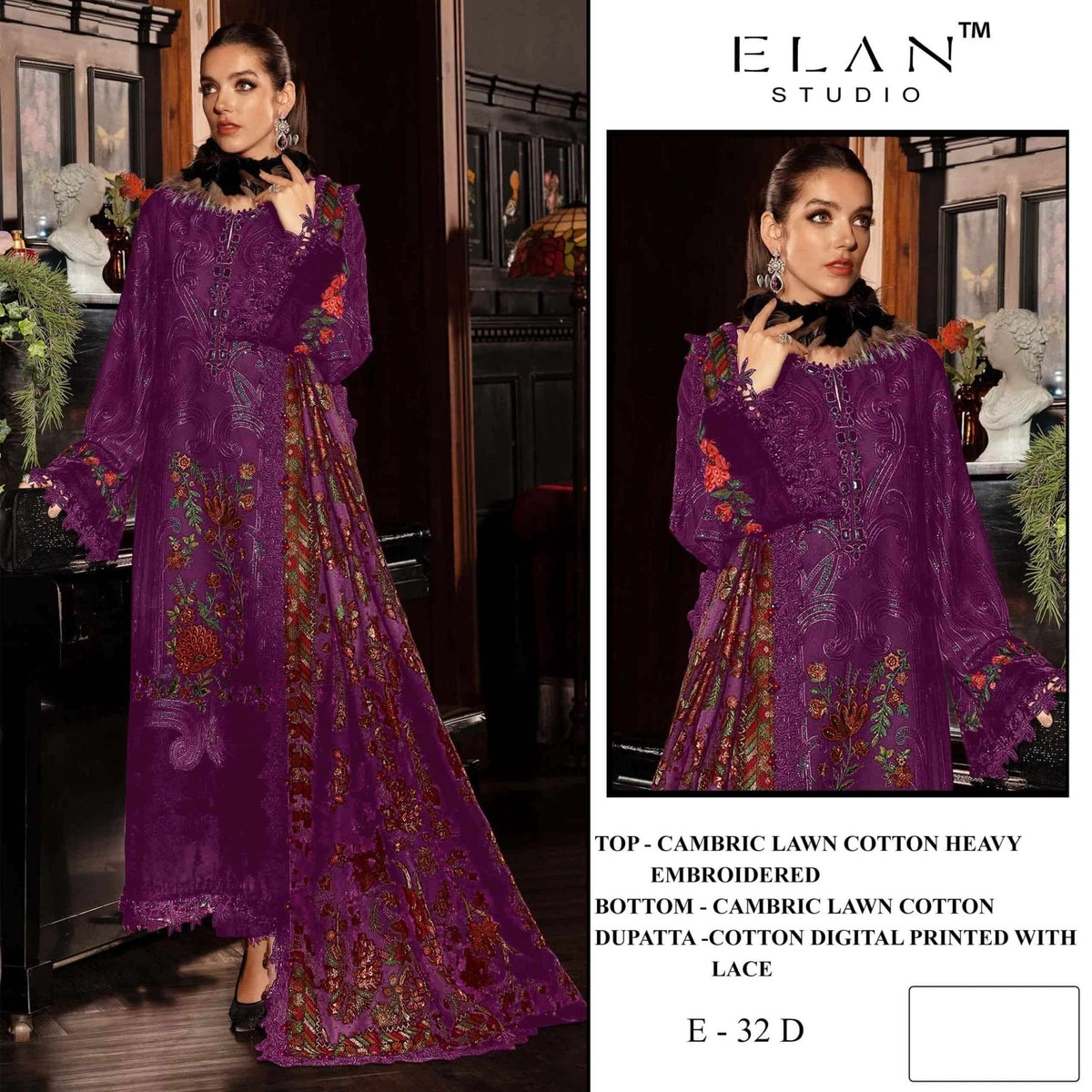 Elan Studio E - 32 Abcd Cambric Lawn Cotton Pakistani Suit - Amrah Wholesale