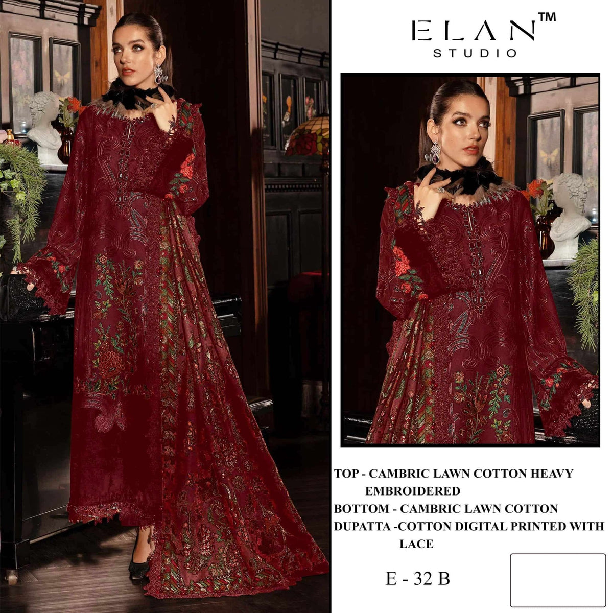 Elan Studio E - 32 Abcd Cambric Lawn Cotton Pakistani Suit - Amrah Wholesale