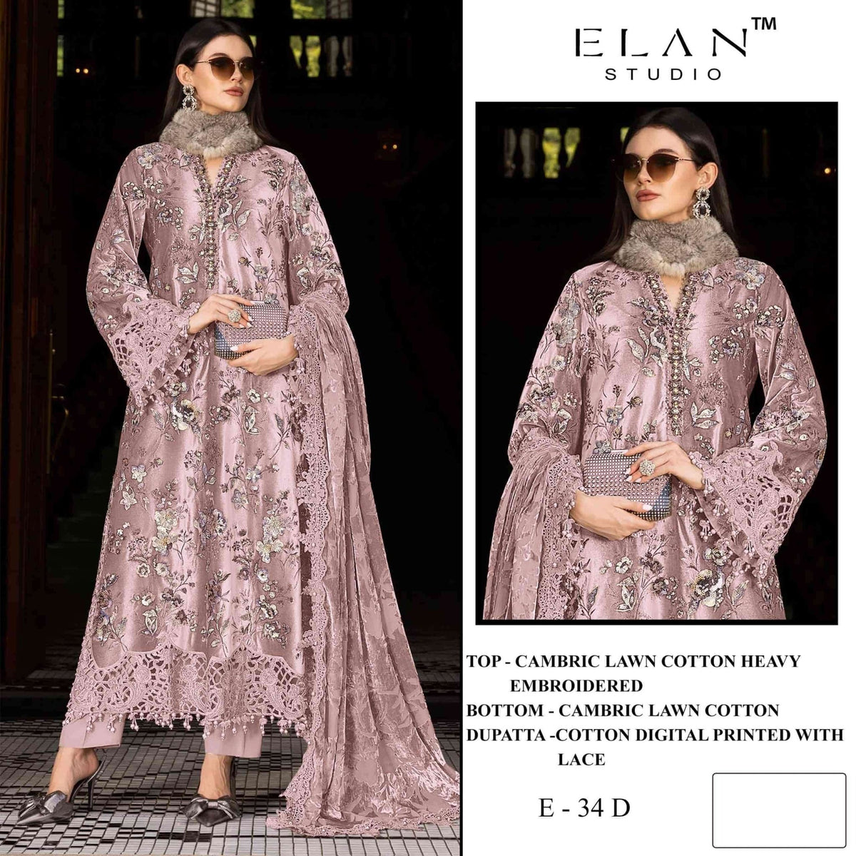 Elan Studio E - 34 ABCD Cambric Lawn Cotton Pakistani Suit - Amrah Wholesale
