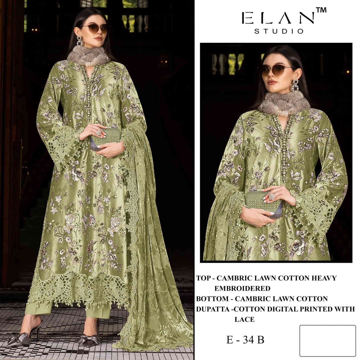 Elan Studio E - 34 ABCD Cambric Lawn Cotton Pakistani Suit - Amrah Wholesale
