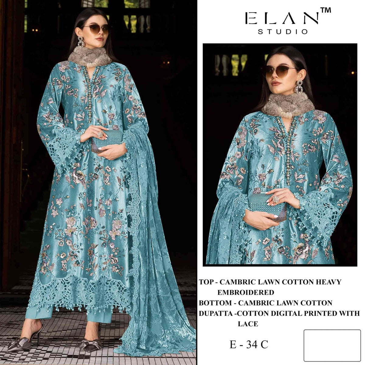 Elan Studio E - 34 ABCD Cambric Lawn Cotton Pakistani Suit - Amrah Wholesale
