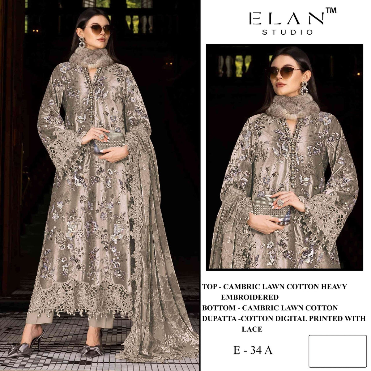 Elan Studio E - 34 ABCD Cambric Lawn Cotton Pakistani Suit - Amrah Wholesale