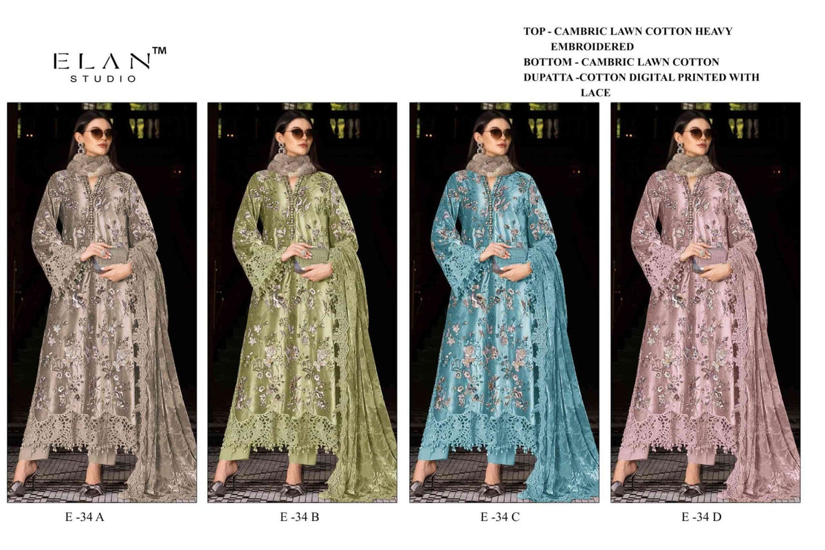 Elan Studio E - 34 ABCD Cambric Lawn Cotton Pakistani Suit - Amrah Wholesale