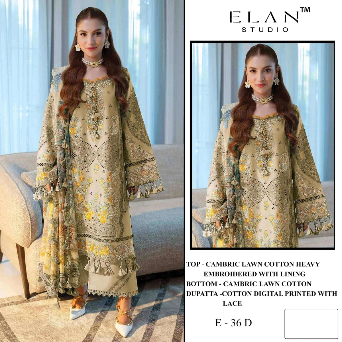 Elan Studio E - 36 Abcd Cambric Lawn Cotton Pakistani Suit - Amrah Wholesale