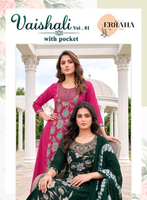 Erraha Vaishali Vol 1 Vertican Embroidered Kurti Pant Dupatta Set