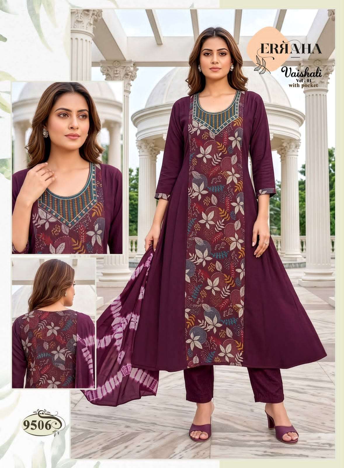 Erraha Vaishali Vol 1 Vertican Embroidered Kurti Pant Dupatta Set
