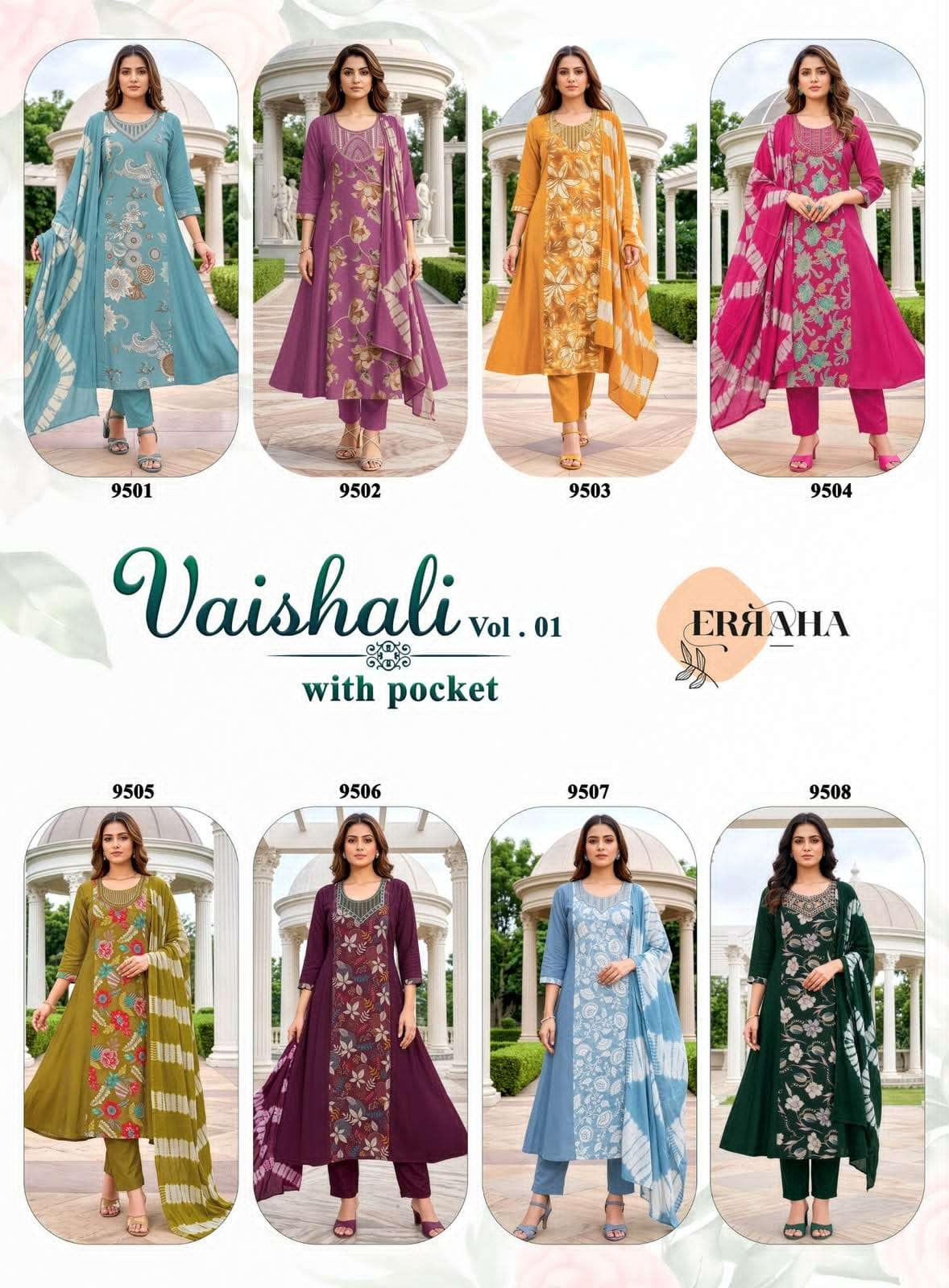 Erraha Vaishali Vol 1 Vertican Embroidered Kurti Pant Dupatta Set