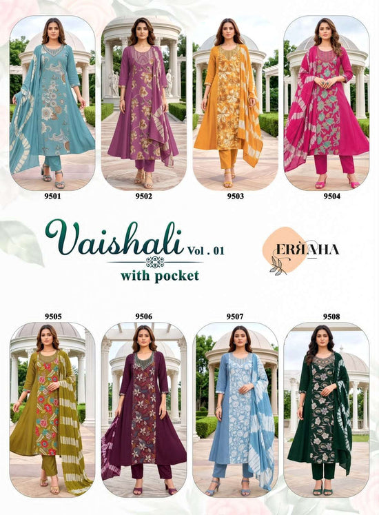 Erraha Vaishali Vol 1 Vertican Embroidered Kurti Pant Dupatta Set