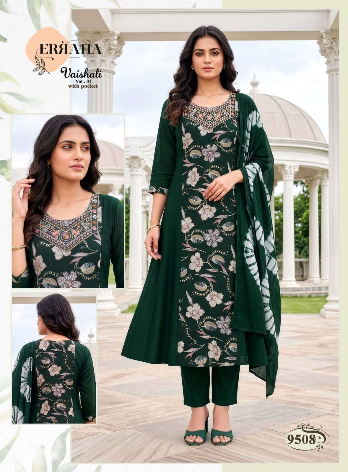 Erraha Vaishali Vol 1 Vertican Embroidered Kurti Pant Dupatta Set