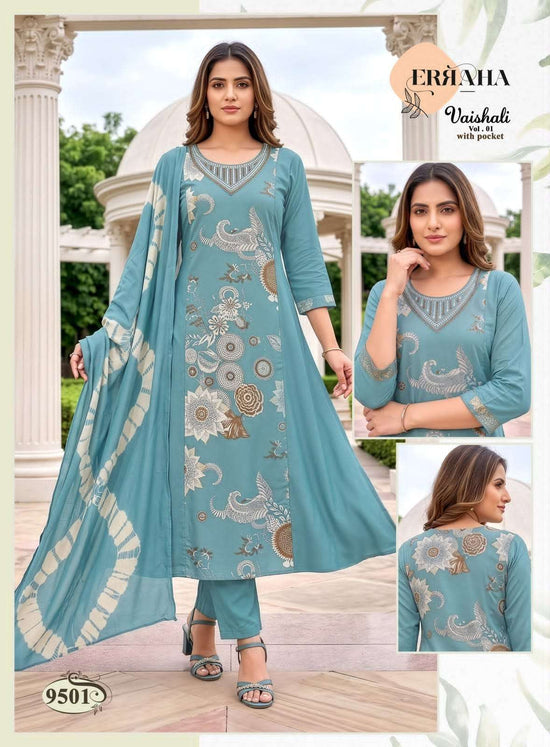 Erraha Vaishali Vol 1 Vertican Embroidered Kurti Pant Dupatta Set