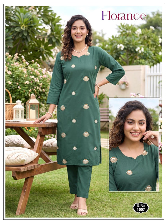 Florance Vol 1 Dhabu Cotton Embroidered Kurti Pant Set