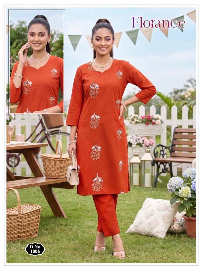 Florance Vol 1 Dhabu Cotton Embroidered Kurti Pant Set