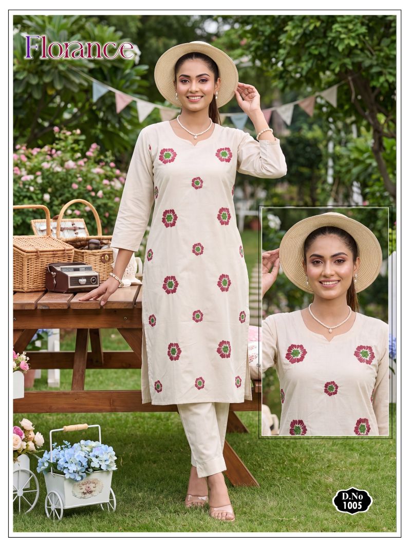 Florance Vol 1 Dhabu Cotton Embroidered Kurti Pant Set