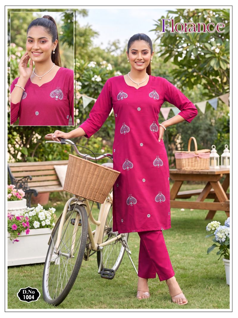 Florance Vol 1 Dhabu Cotton Embroidered Kurti Pant Set