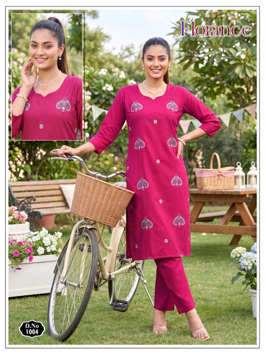 Florance Vol 1 Dhabu Cotton Embroidered Kurti Pant Set