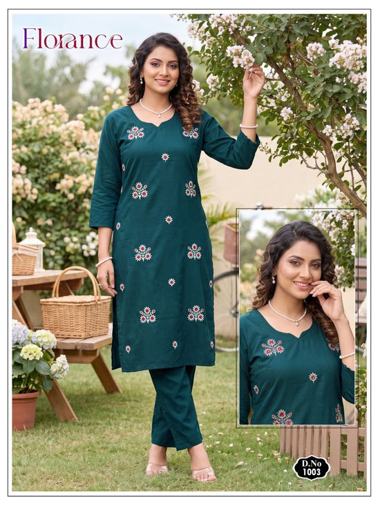 Florance Vol 1 Dhabu Cotton Embroidered Kurti Pant Set