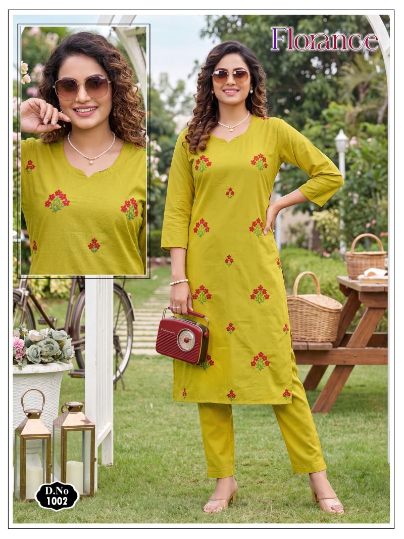 Florance Vol 1 Dhabu Cotton Embroidered Kurti Pant Set