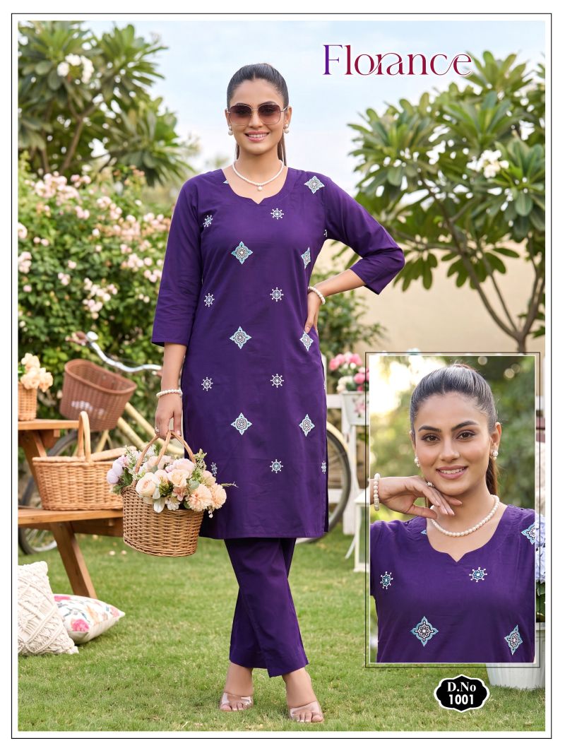Florance Vol 1 Dhabu Cotton Embroidered Kurti Pant Set