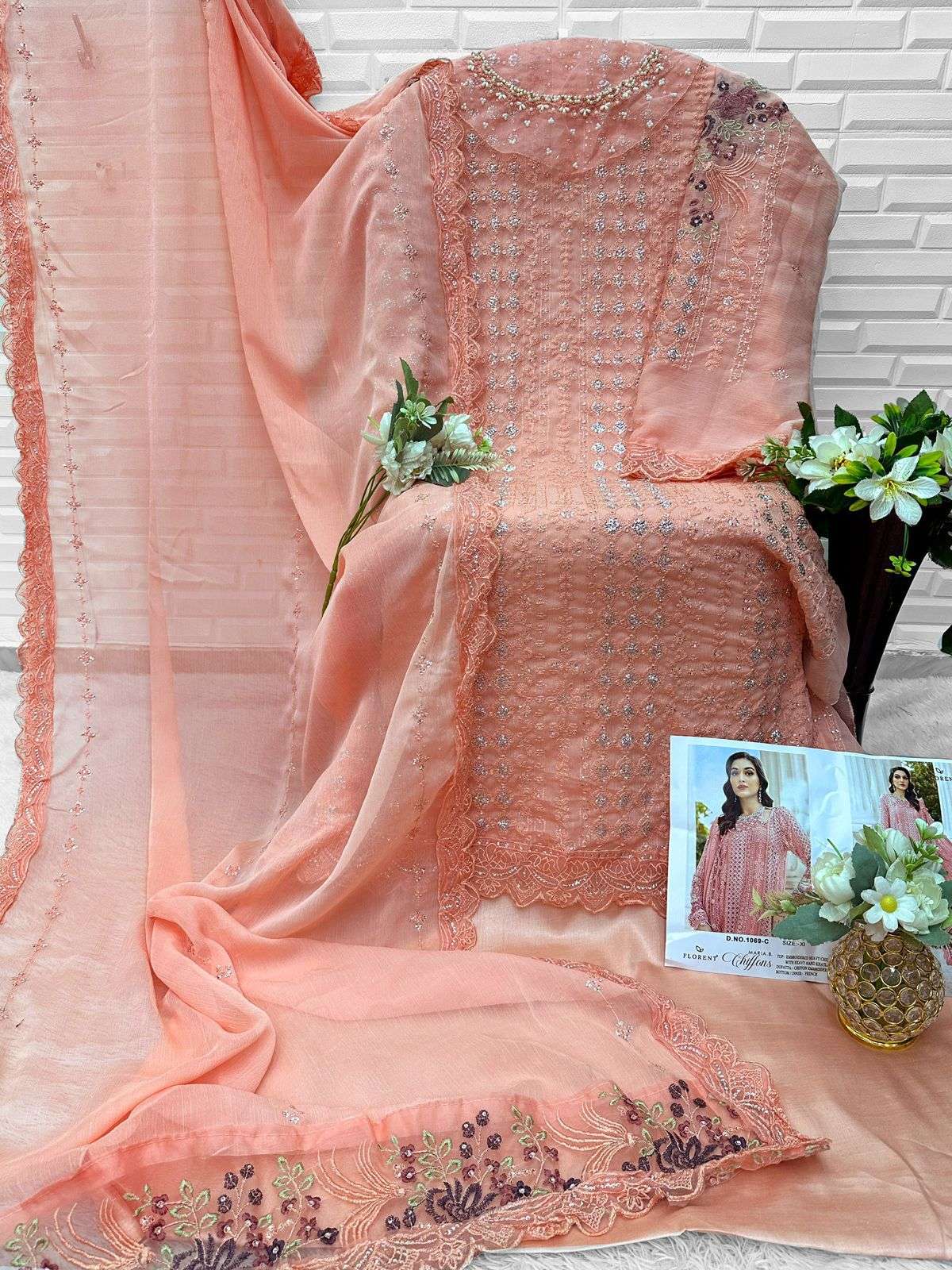 Florent D 1069 Abcd Dinting Chiffon Heavy Embroidered Pakistani Suit