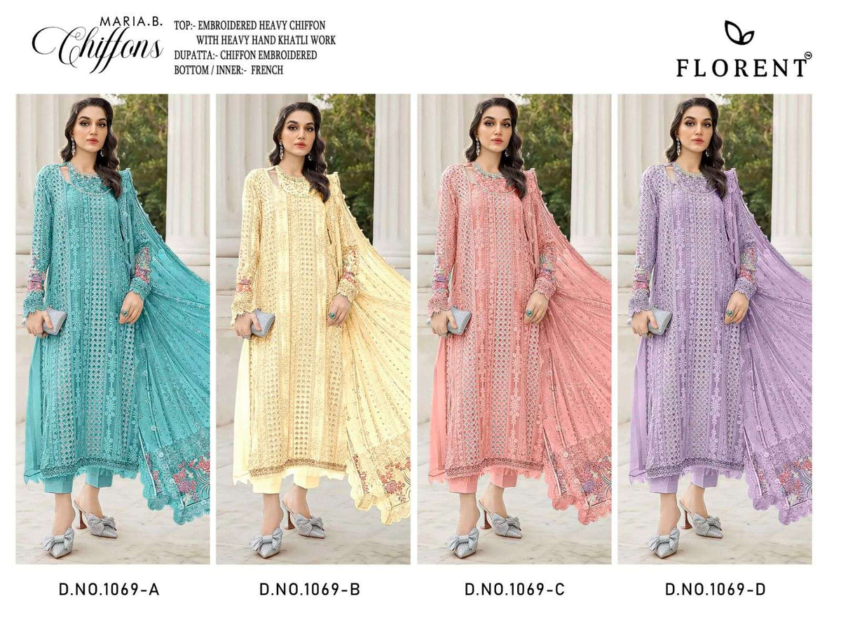 Florent D 1069 Abcd Dinting Chiffon Heavy Embroidered Pakistani Suit