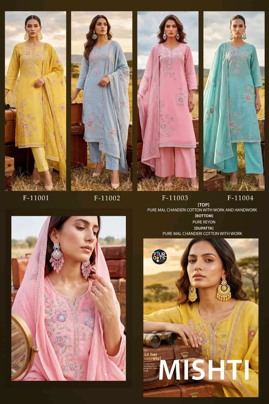 Fourdots Mishti Mal Chanderi Cotton Dress Material - Amrah Wholesale