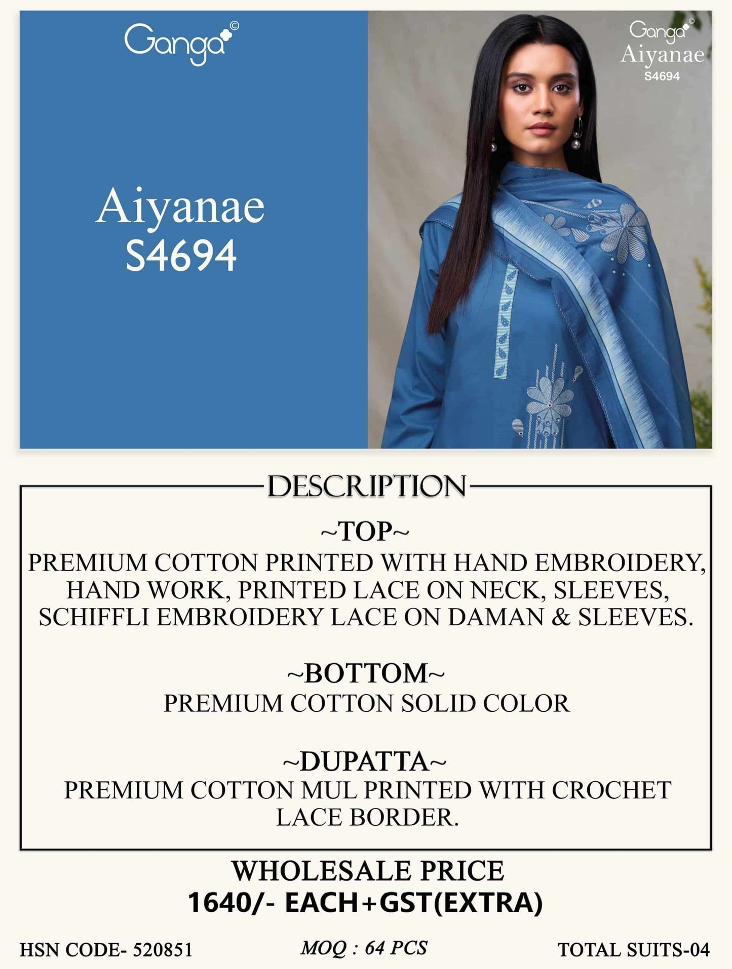 Ganga Fashion Aiyanae 4694 Premium Cotton Dress Material