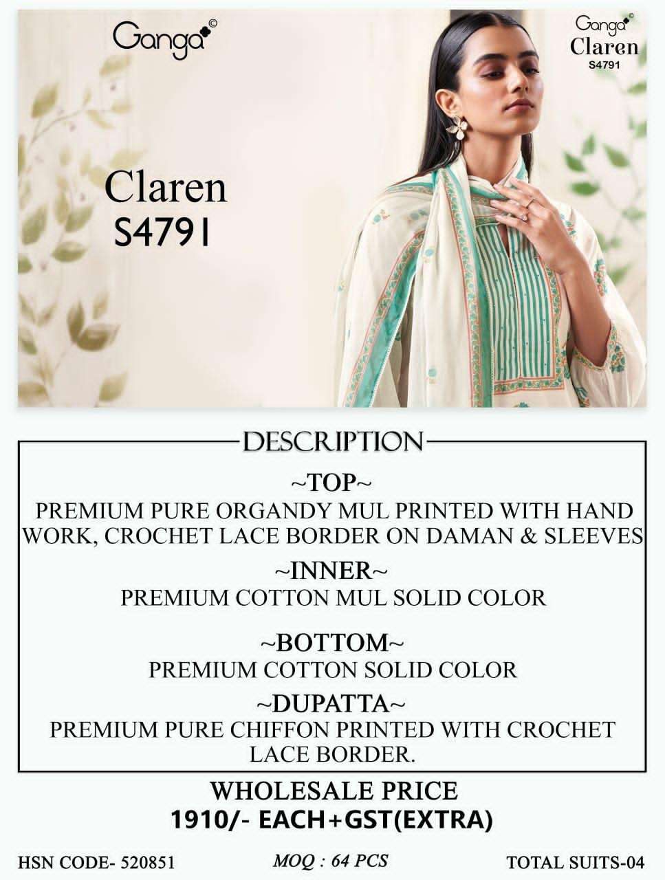 Ganga Fashion Claren 4791 Organdy Dress Material - Amrah Wholesale