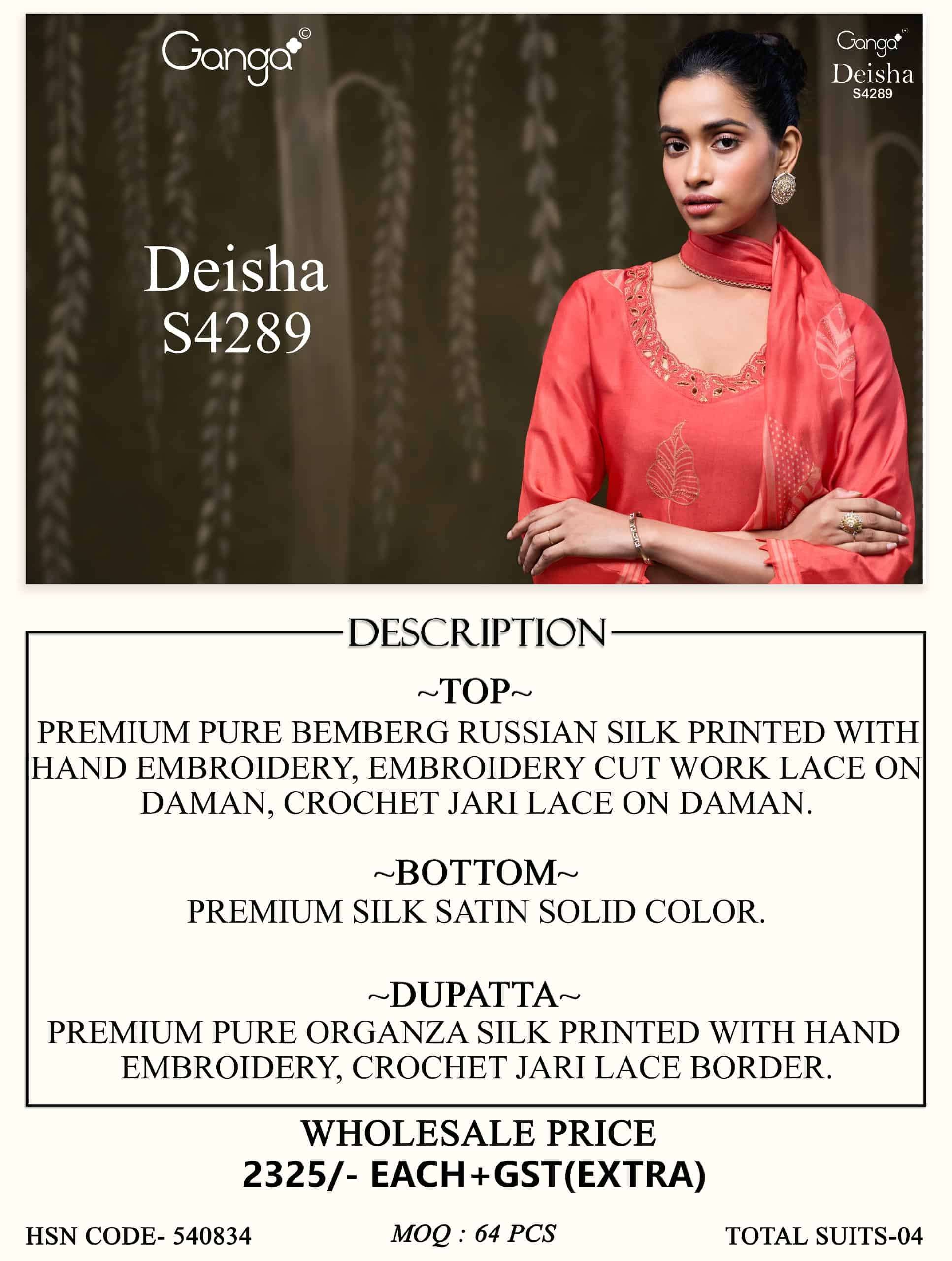 Ganga Fashion Deisha 4289 Pure Bemberg Russian Silk Designer Dress Material