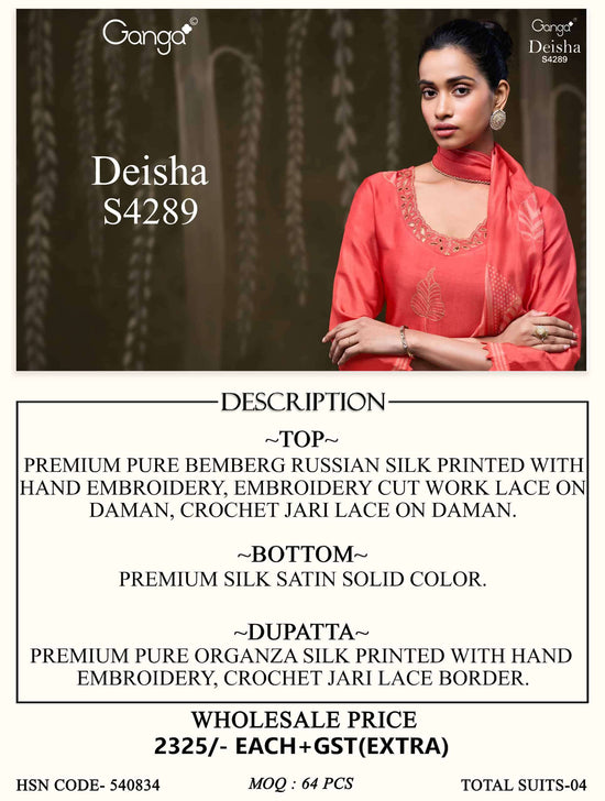 Ganga Fashion Deisha 4289 Pure Bemberg Russian Silk Designer Dress Material