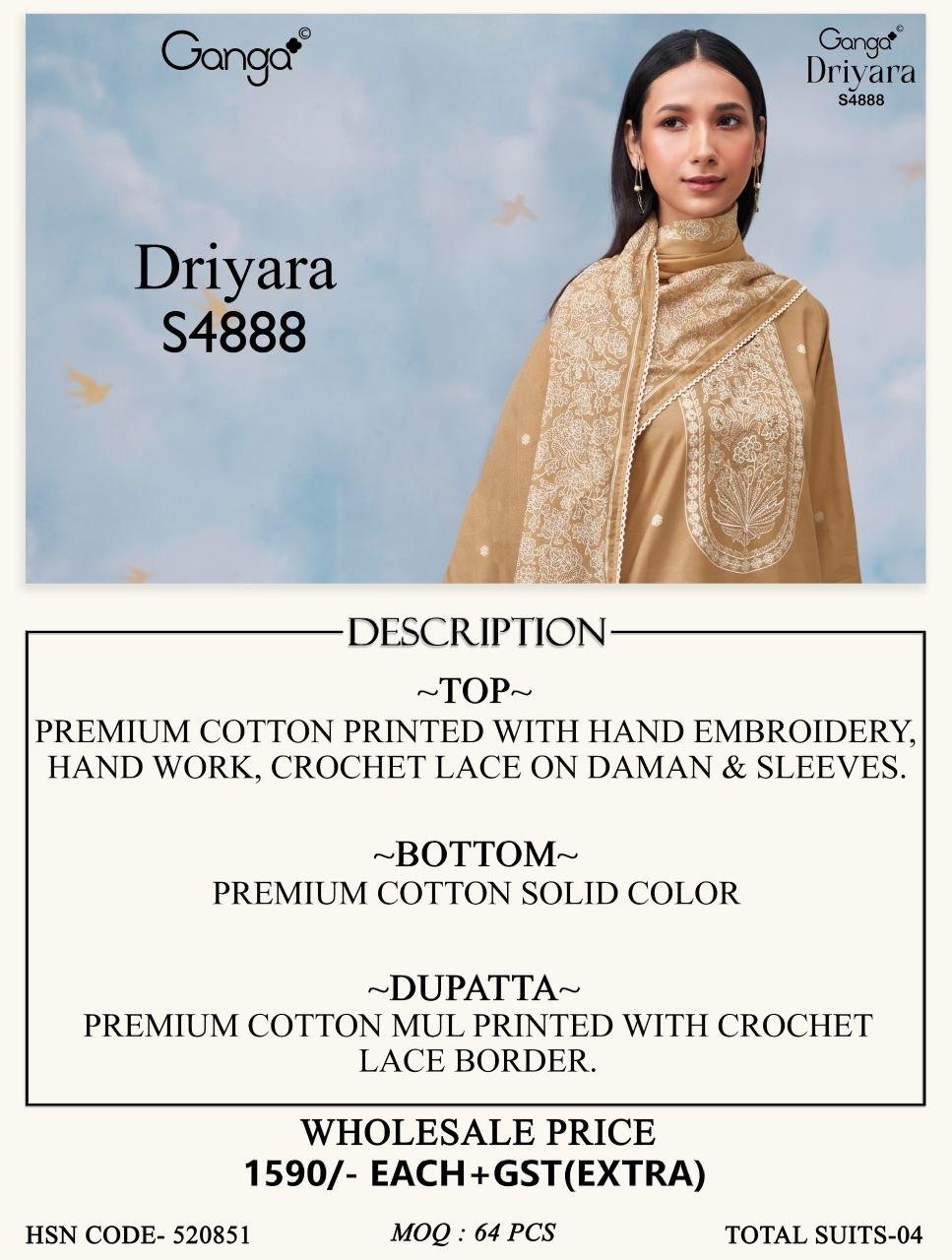 Ganga Driyara 4888 Cotton Printed Hand Embroidered Dress Material