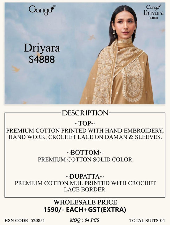 Ganga Driyara 4888 Cotton Printed Hand Embroidered Dress Material