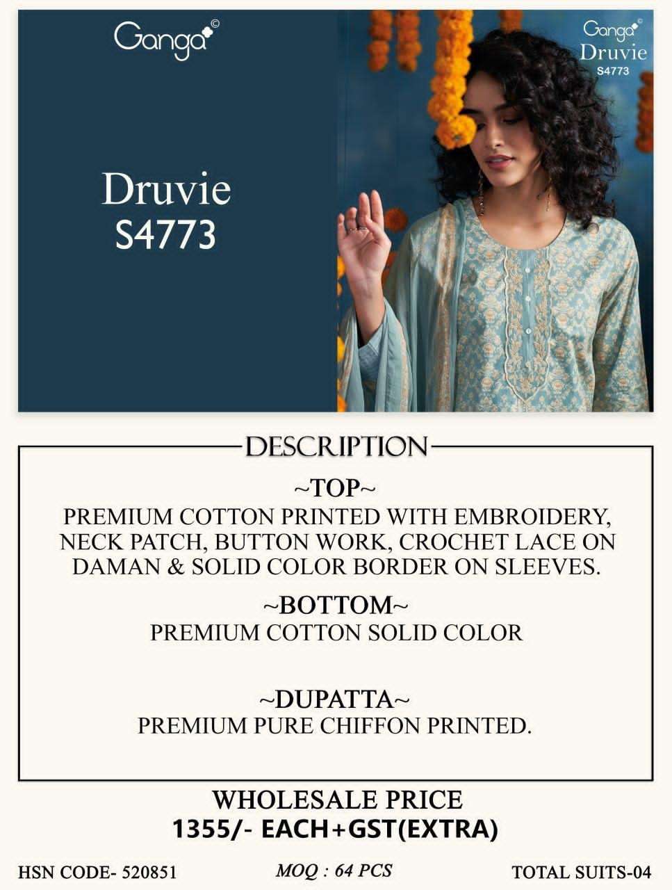 Ganga Fashion Druvie 4773 Premium Cotton Dress Material - Amrah Wholesale
