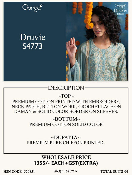 Ganga Fashion Druvie 4773 Premium Cotton Dress Material - Amrah Wholesale