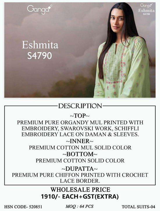 Ganga Fashion Eshmita 4790 Pure Organdy Dress Material