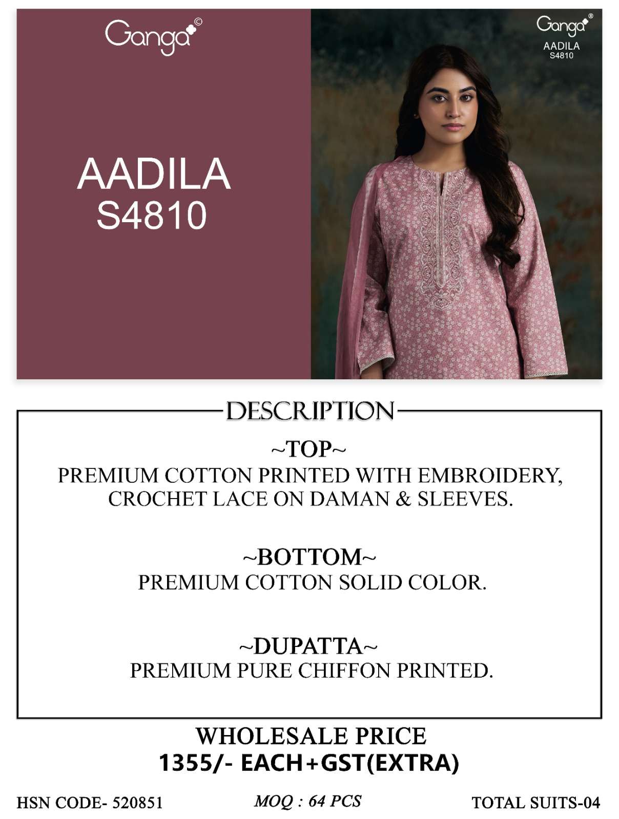 Ganga Fashion Aadila 4810 Cotton Embroidered Dress Material - Amrah Wholesale