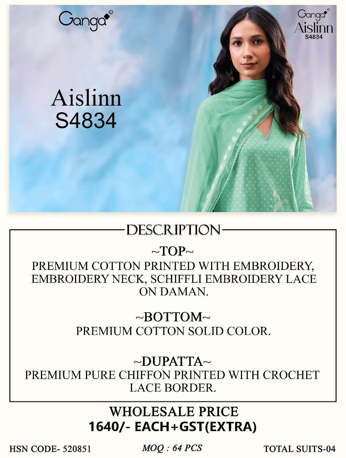 Ganga Fashion Aislinn 4834 Premium Cotton Embroidered Dress Material - Amrah Wholesale