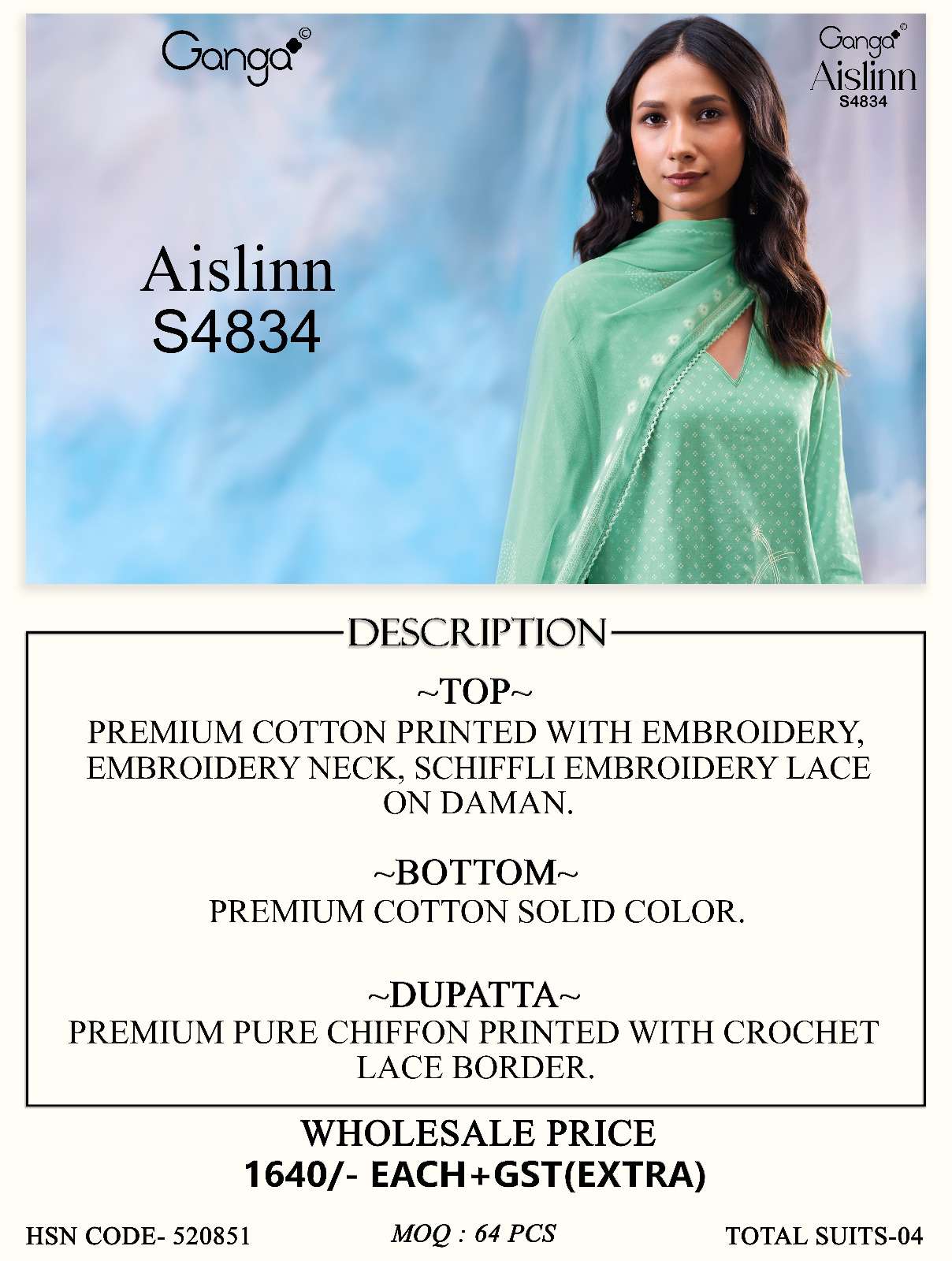 Ganga Fashion Aislinn 4834 Premium Cotton Embroidered Dress Material - Amrah Wholesale