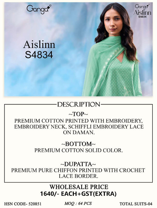 Ganga Fashion Aislinn 4834 Premium Cotton Embroidered Dress Material - Amrah Wholesale