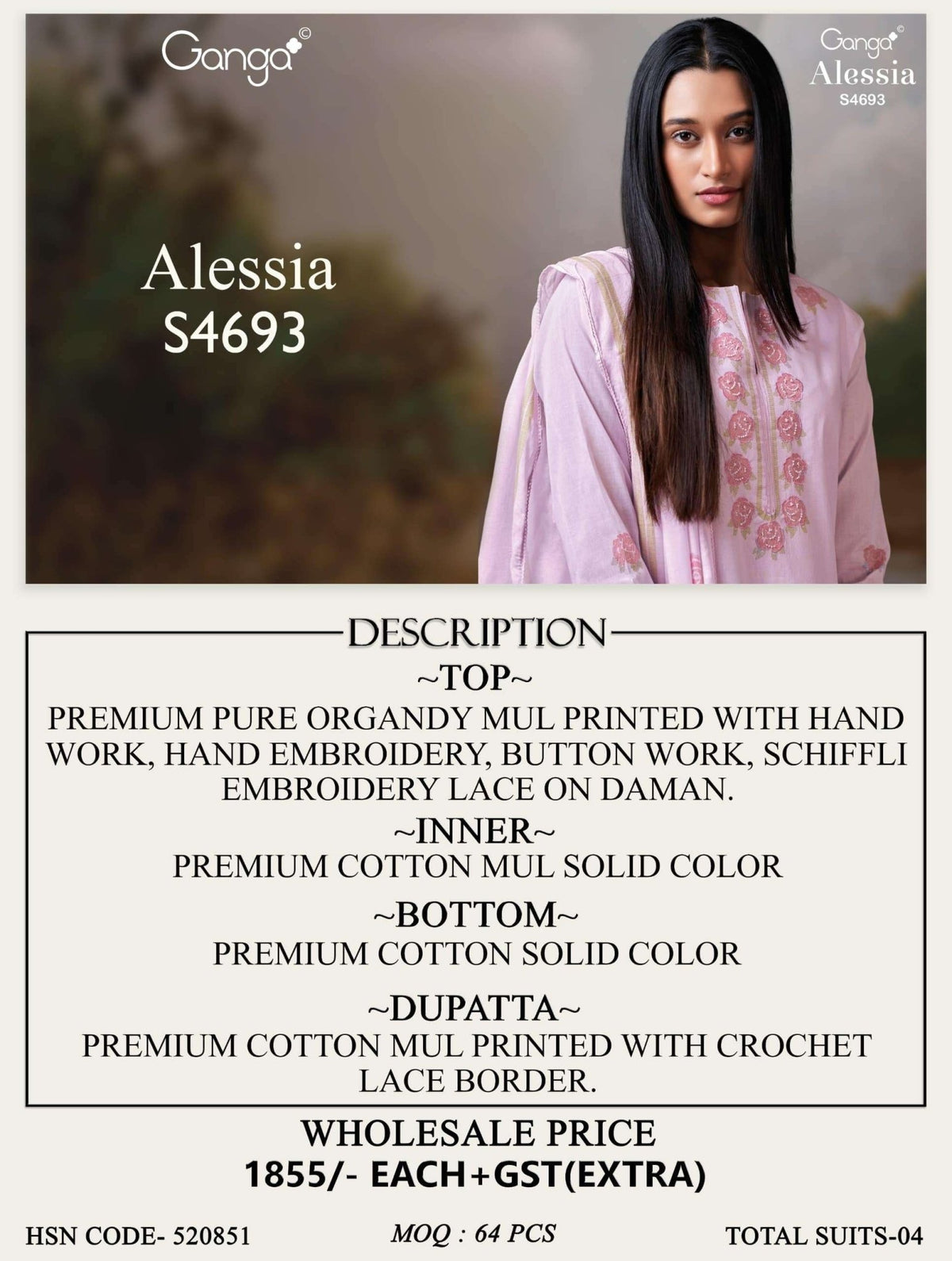 Ganga Fashion Alessia 4693 Premium Organdy Cotton Dress Material - Amrah Wholesale