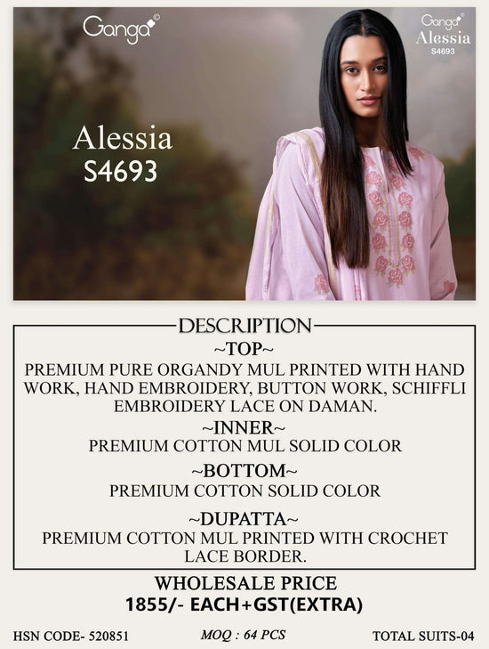 Ganga Fashion Alessia 4693 Premium Organdy Cotton Dress Material - Amrah Wholesale