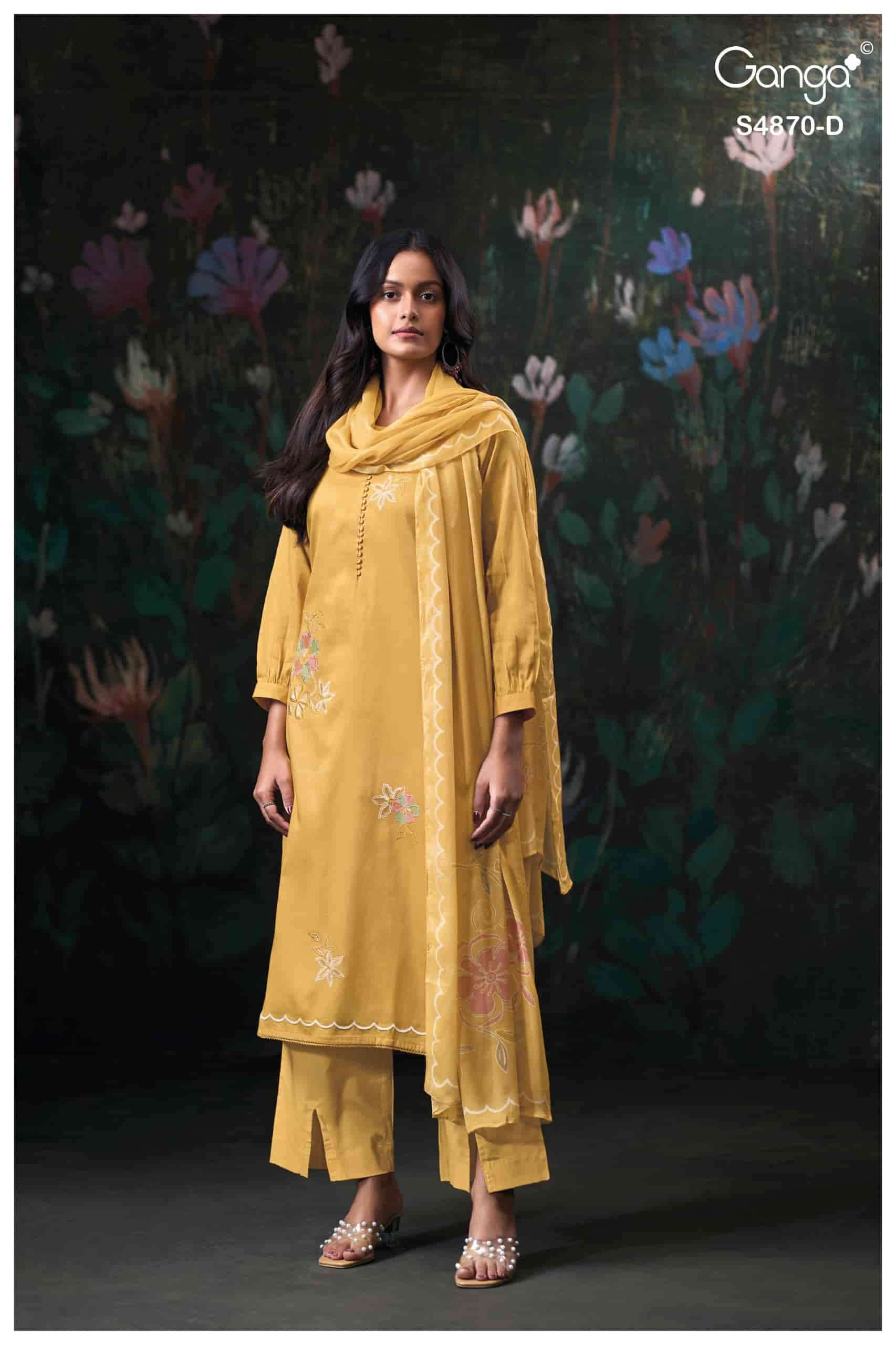 Ganga Fashion Amary 4870 Premium Cotton Satin Embroidered Dress Material