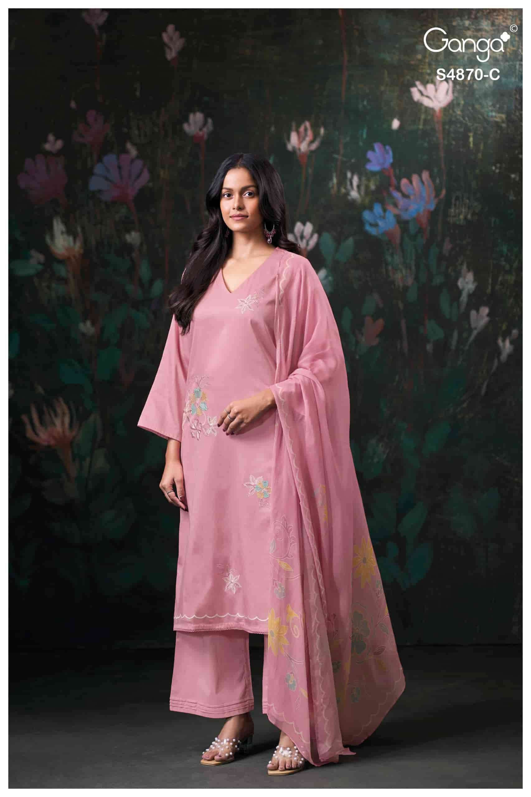 Ganga Fashion Amary 4870 Premium Cotton Satin Embroidered Dress Material