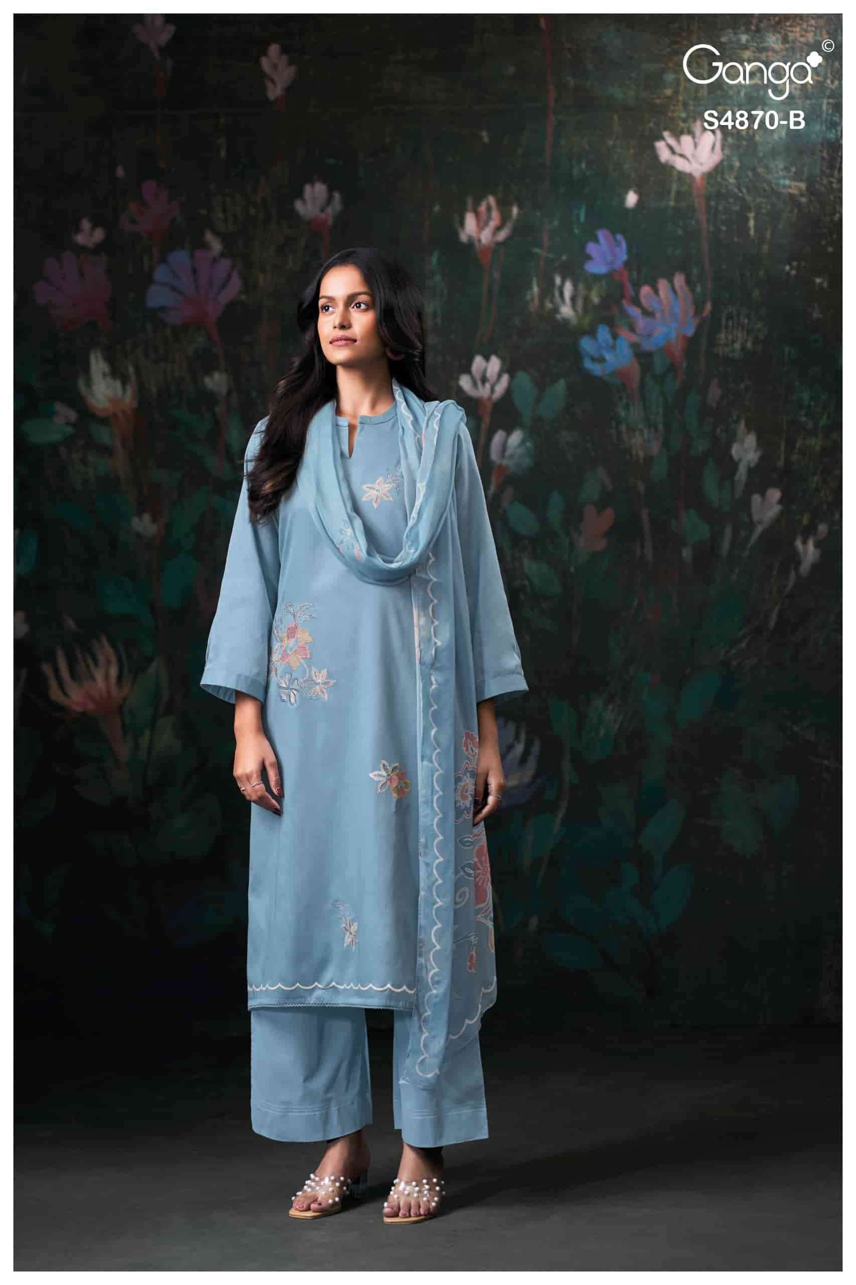Ganga Fashion Amary 4870 Premium Cotton Satin Embroidered Dress Material