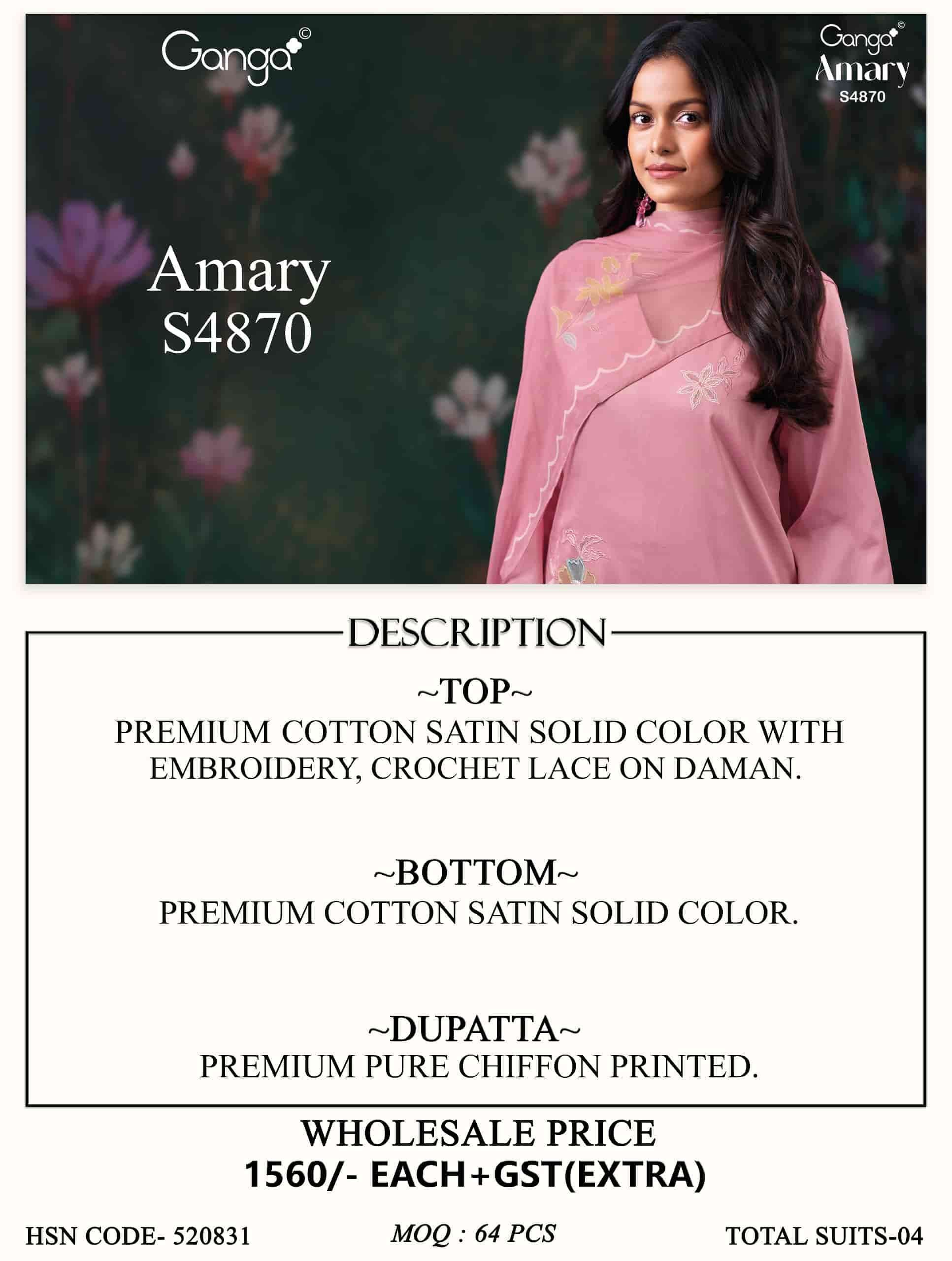 Ganga Fashion Amary 4870 Premium Cotton Satin Embroidered Dress Material