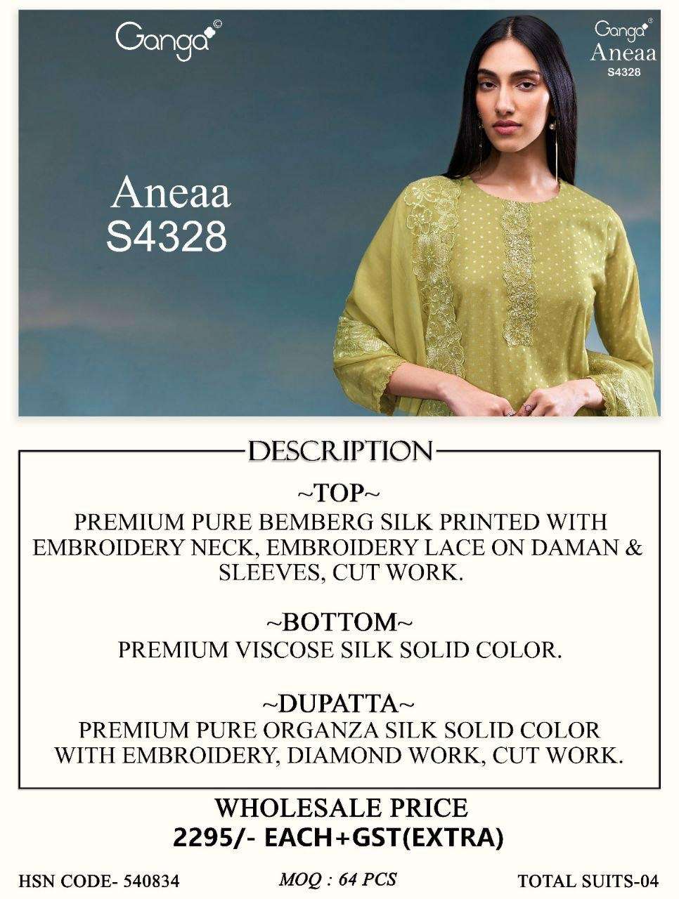 Ganga Fashion Aneaa 4328 Pure Bemberg Silk Dress Material - Amrah Wholesale