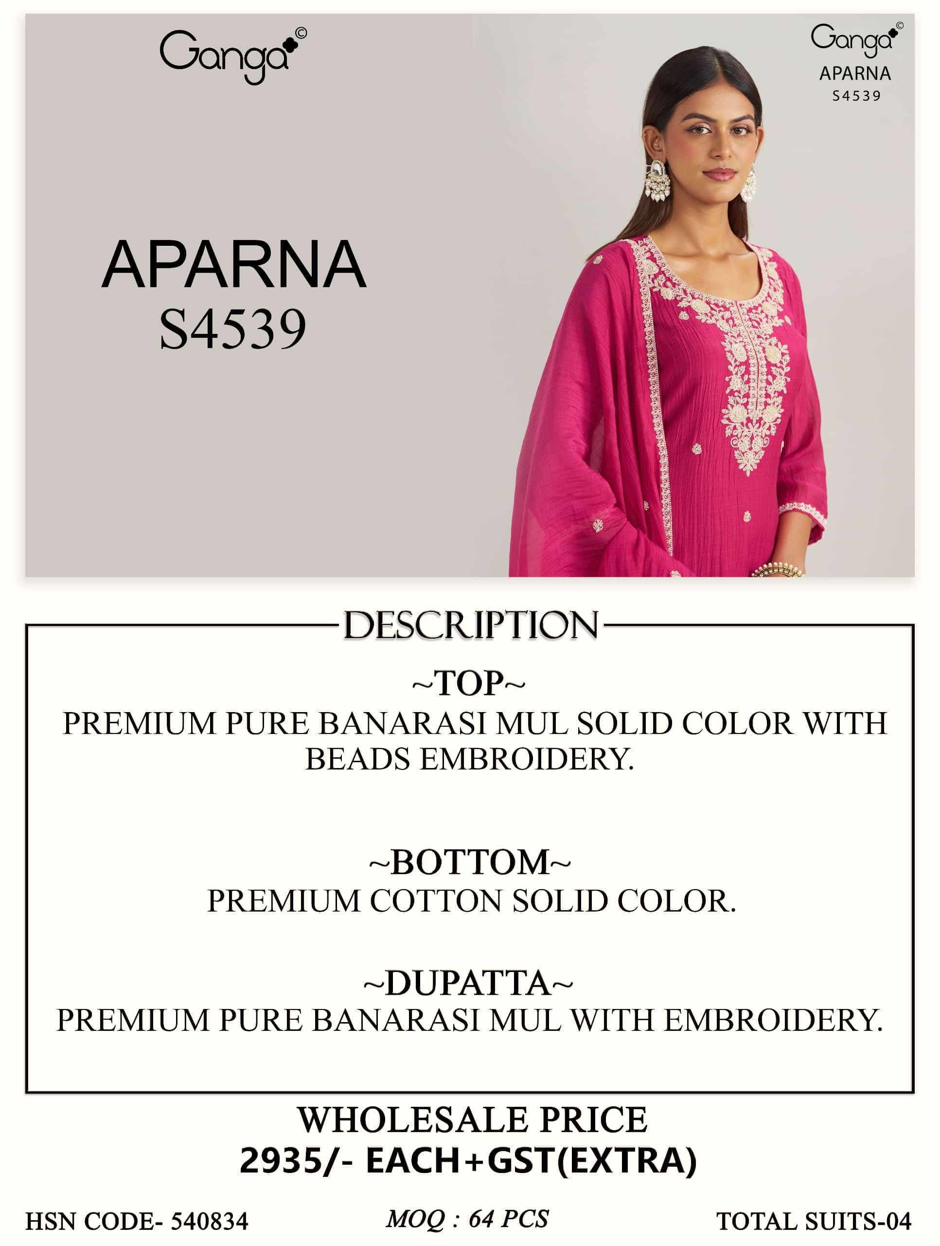 Ganga Fashion Aparna 4539 Premium Banarasi Mul Dress Material Wholesale Price