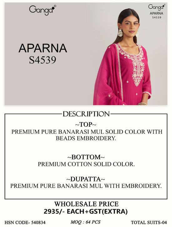 Ganga Fashion Aparna 4539 Premium Banarasi Mul Dress Material Wholesale Price